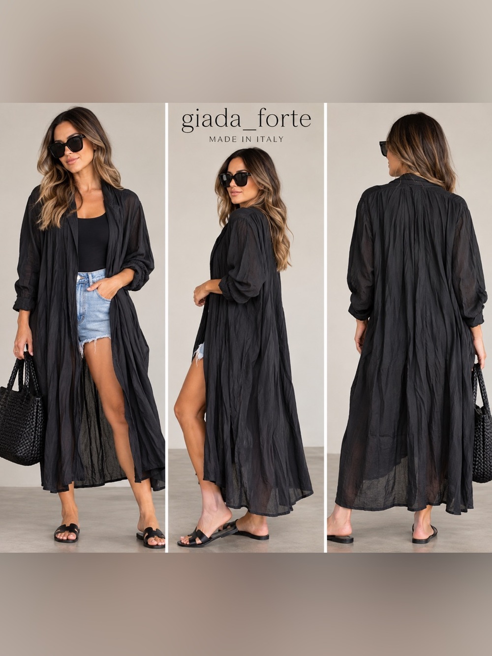 (#X) Giada Forte Black Cotton Silk Oversized Duster Dress Made Italy M